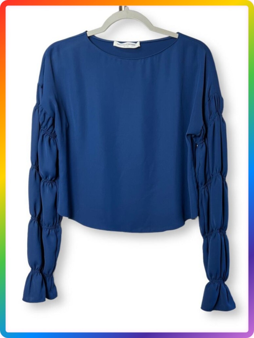 Amanda Uprichard Ruched Balloon Sleeve Blouse SIZE XS Blue USA Flowy Top Shirt